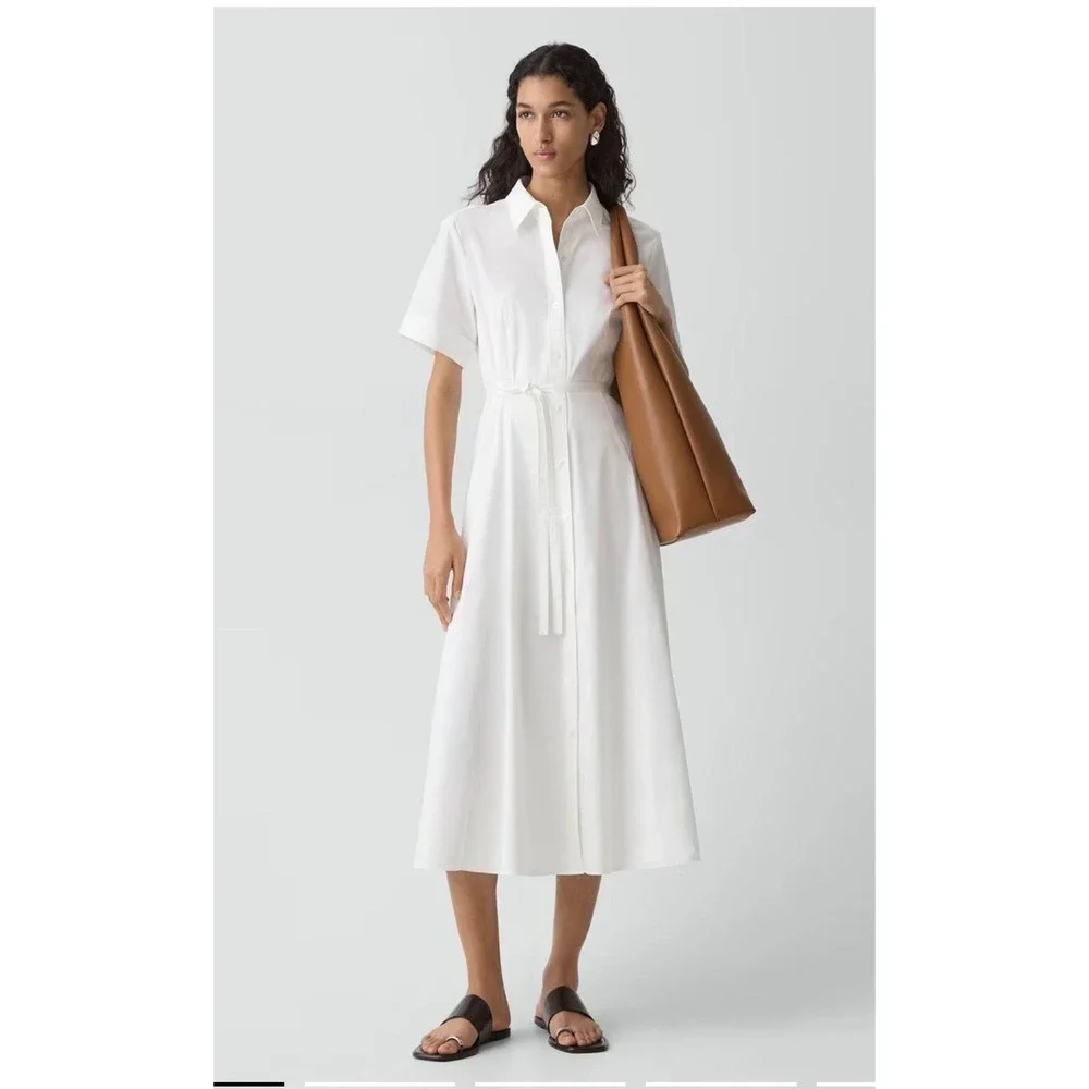 Theory White Cotton Blend Belted Poplin Shirt Dress Midi NWT Size 0 - Picture 1 of 10